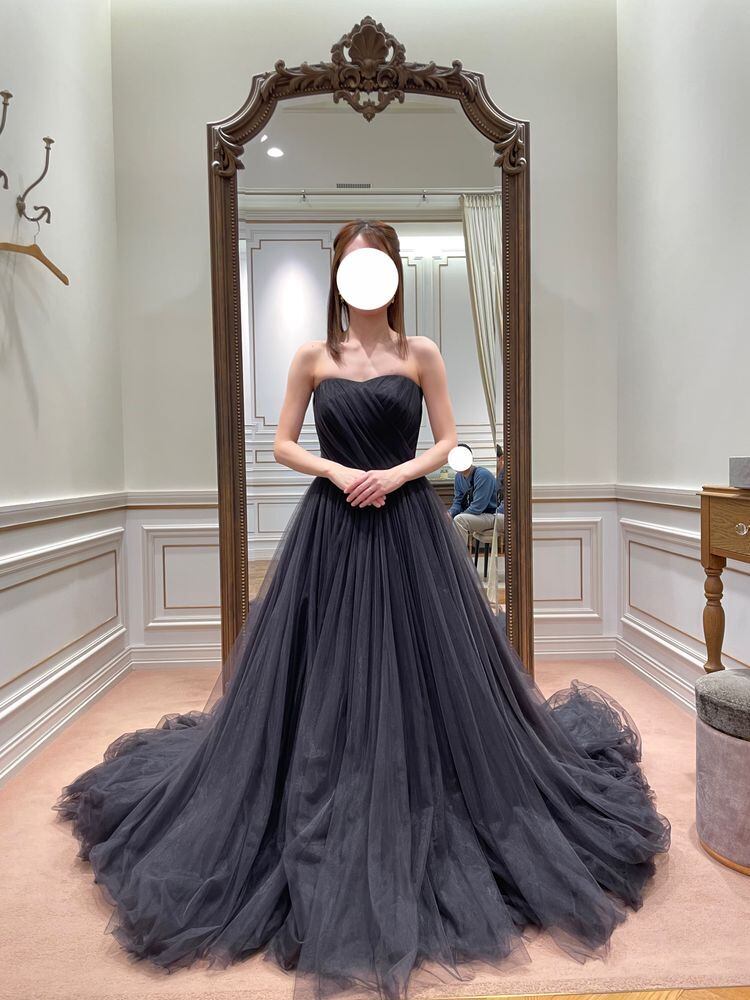 カラードレス グリーン ソフトチュール ベアトップ 編み上げ  