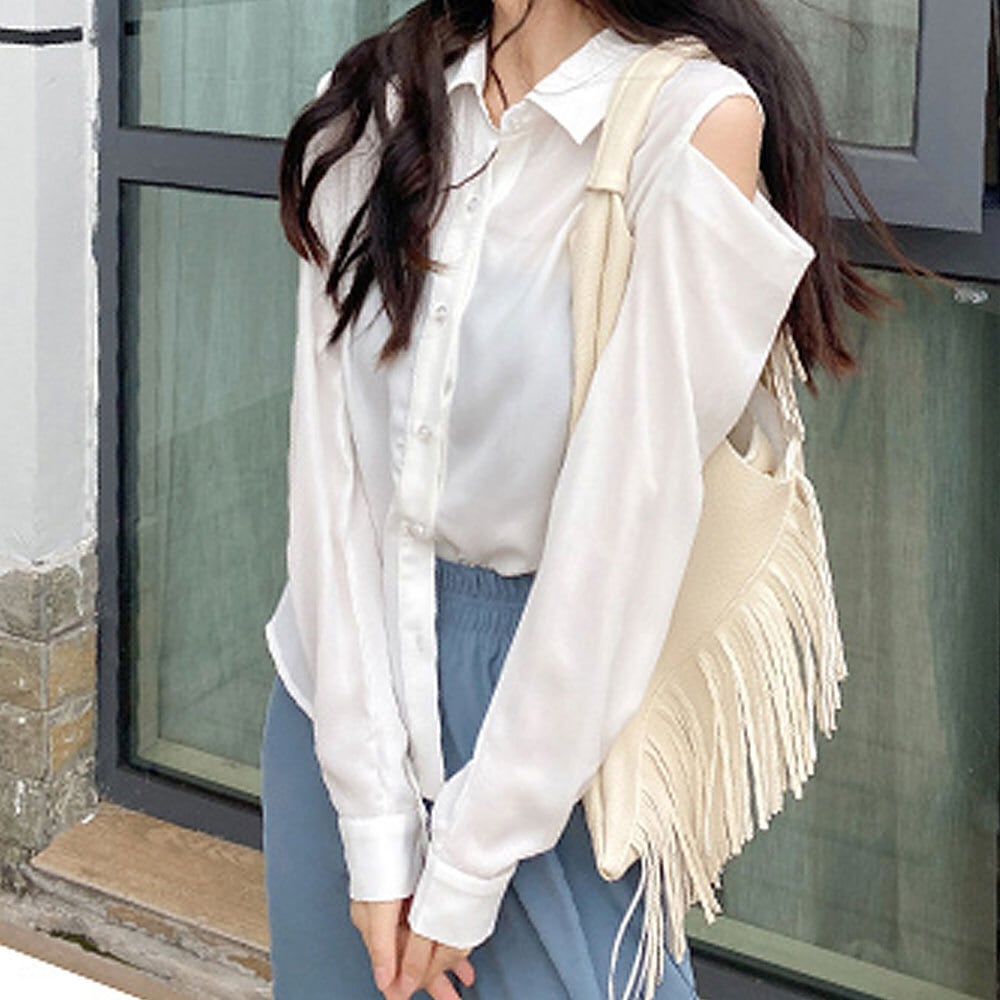 韓国☆一枚で決まる!大人可愛い!綺麗めカジュアル★ 肩出し シアー シャツ レディース 春夏秋 長袖 トップス 韓国