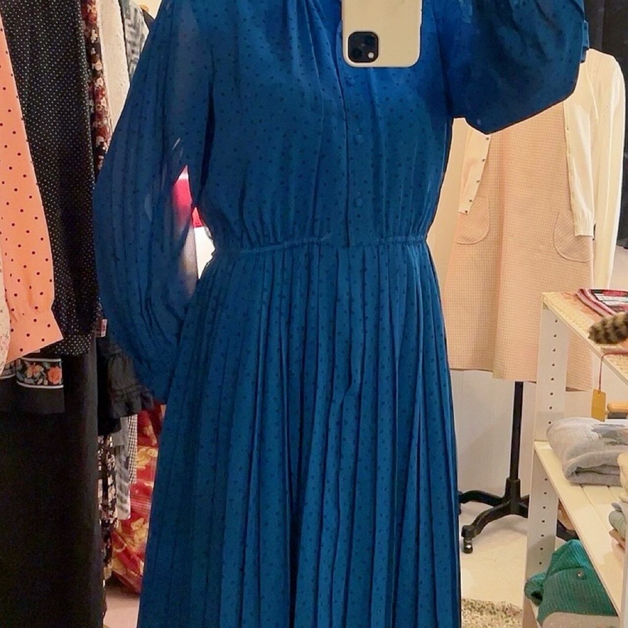 blue green dot pleats one-piece