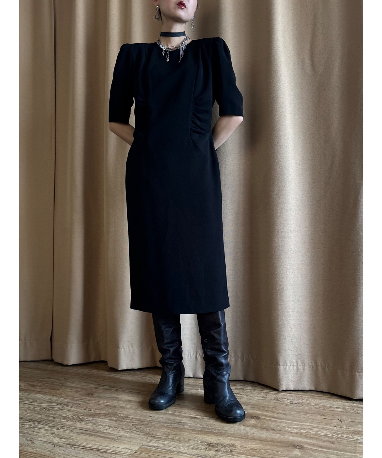 power shoulder black gather dress-4644-4
