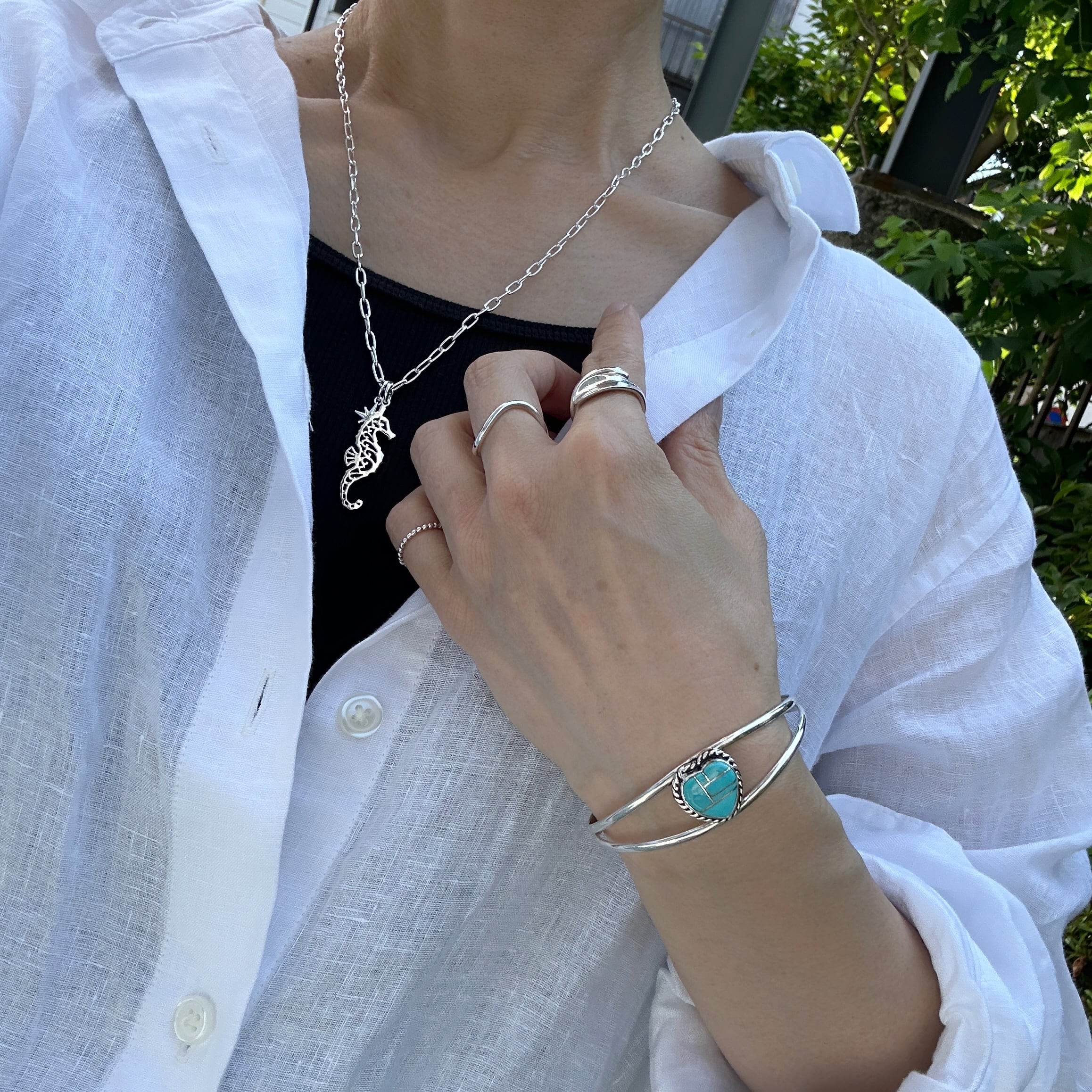 Indian Jewelry 》一点物 ハート シルバーインレイ ターコイズ