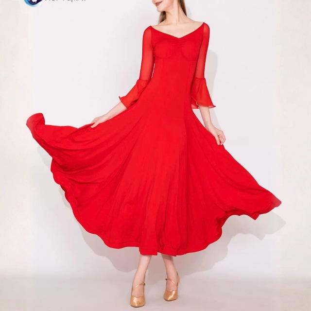 シアーメッシュスリーブ ベルフレア ロング ダンスドレス 2col D00626