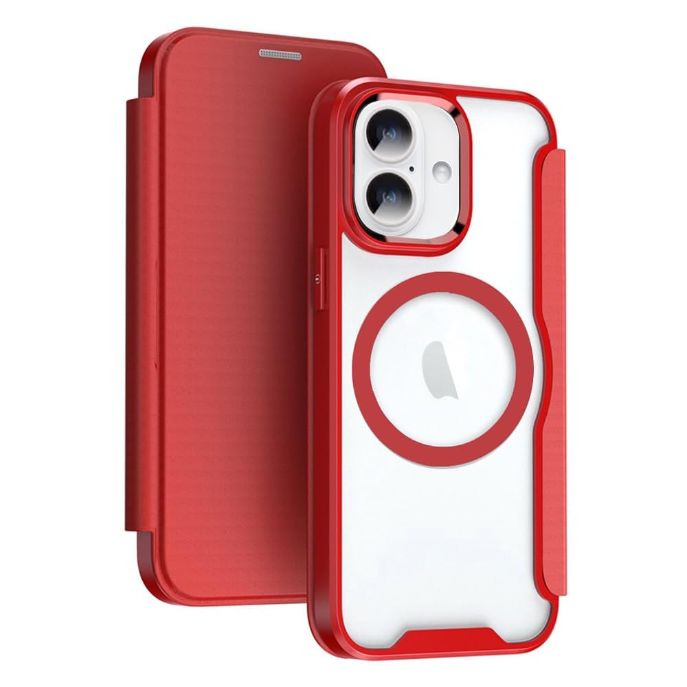 YUYIB iPhone16 Plus 用 ケース 手帳型 MagSafe対応 背面 クリア 透明 高級なPUレザー+PCパネル+TPUバンパー マグネット開閉 衝撃吸収 軽量薄型 ブランド スマホケース アイフォン16プラス用 手帳型 かばー (レッド, iPhone16 Plus 6.7")