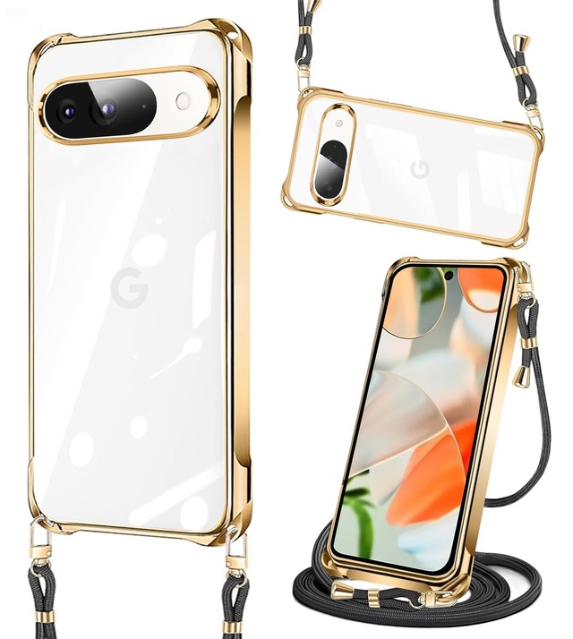Google Pixel 9 ケース クリア Google Pixel 9 Pro ショルダー ピクセル9/9pro カバー 耐衝撃 調節可能な メッキ加工 保護ソフト TPU 取り外し ル付き ワイヤレス充電対応 クリア スマホケース ショルダー 薄型 軽量 肩がけ 首掛け 紐付き バンパー カバー ストラップ付き ストラップホール付き ケース 透明 Qi充電 カメラ保護（ゴールド）