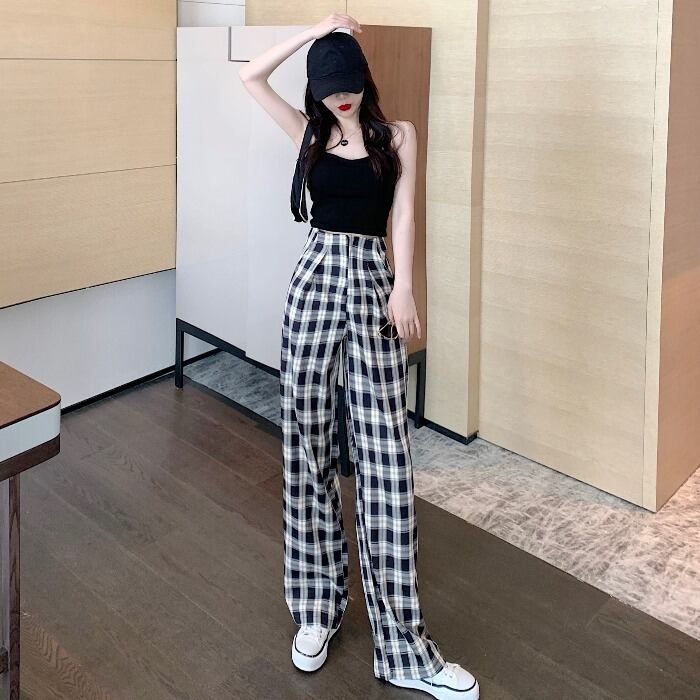 スポーツカジュアルファッションスーツ2020新しい女性の夏の黒キャミソールチェックハイウエストスリムワイドレッグパンツ 1号婦人10368768273
