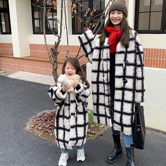 【MOM&KID】韓国風ファッション　もこもこチェックロングコート