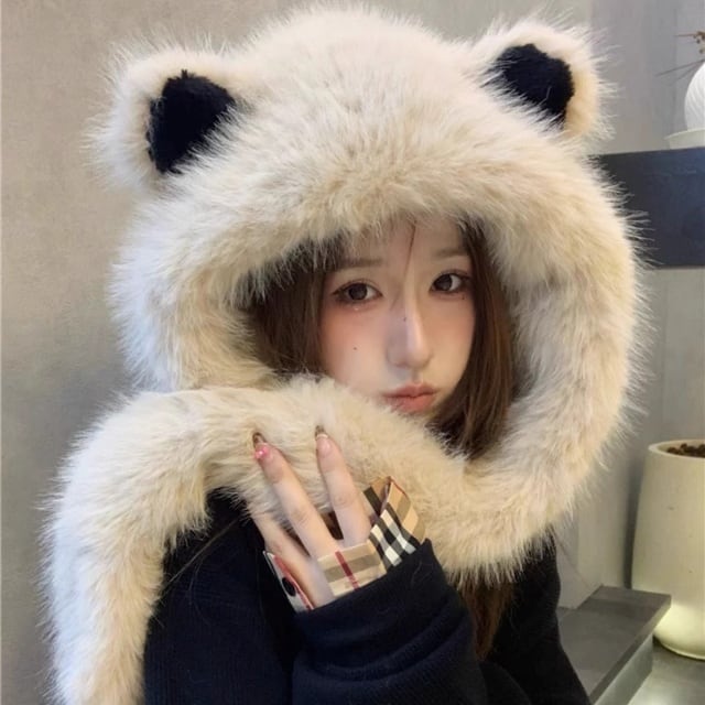 予約販売】ファー 帽子 耳付き マフラー付き レディース グレー 予約販売】ファー 帽子 耳付き マフラー付き レディース グレー