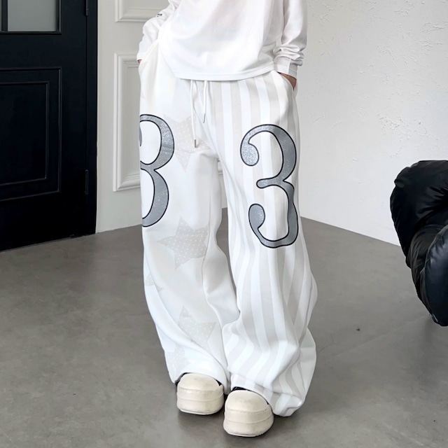 スターストライプアシンメトリーワイドラインスウェットパンツ 1col R02645