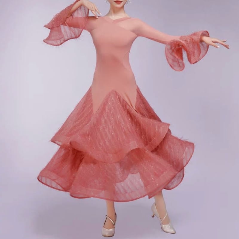 ティアードフレア ベルスリーブ モダン ダンスドレス 3col D00621