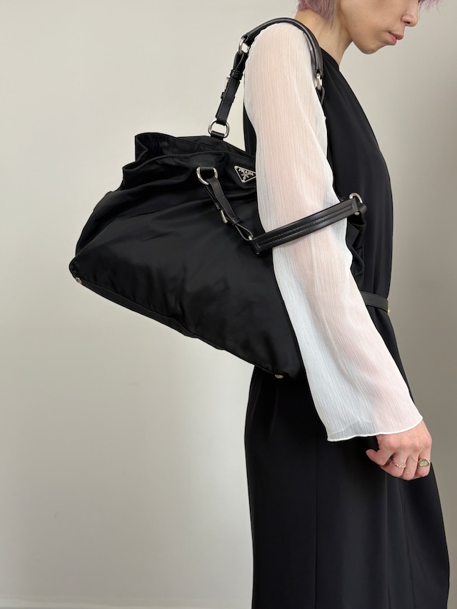 PRADA プラダ ハンドバッグ ブラック トライアングルロゴ ナイロン レザーハンドル トートバッグ vintage ヴィンテージ オールド ezvjia