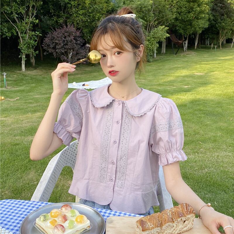 レースカラーシャツ サマーショートトップス 夏物 萌量不足95530127102