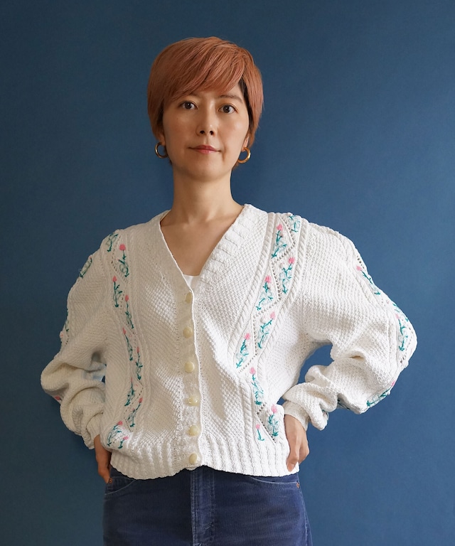 【送料無料】80's Embroidered cotton sweater Puffy long sleeve cardigan