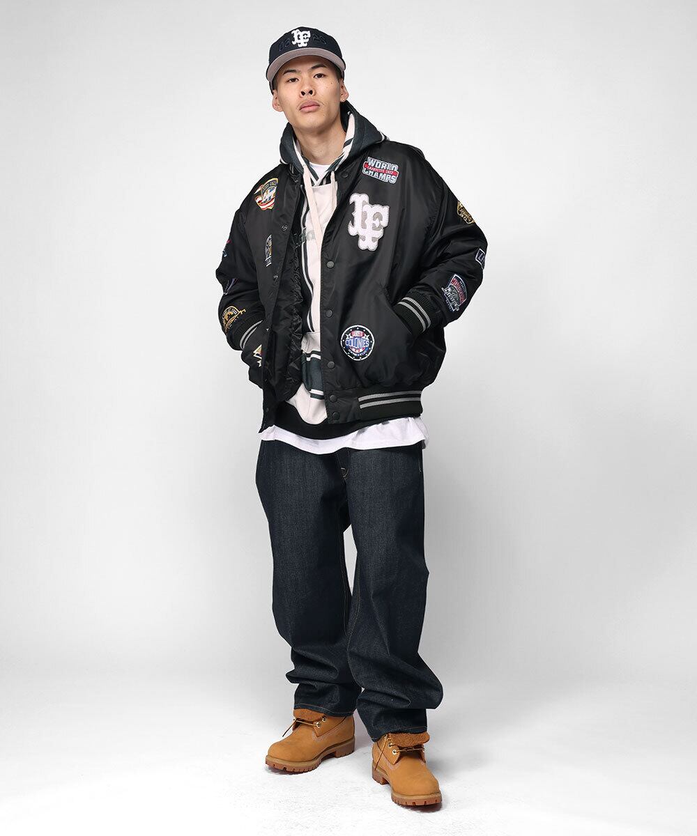 ラファイエット オールオーバーエンブレム サテン バーシティー ジャケット LFYT】ALL OVER EMBLEM SATIN VARSITY JACKET(BLACK) | G.O.N.G