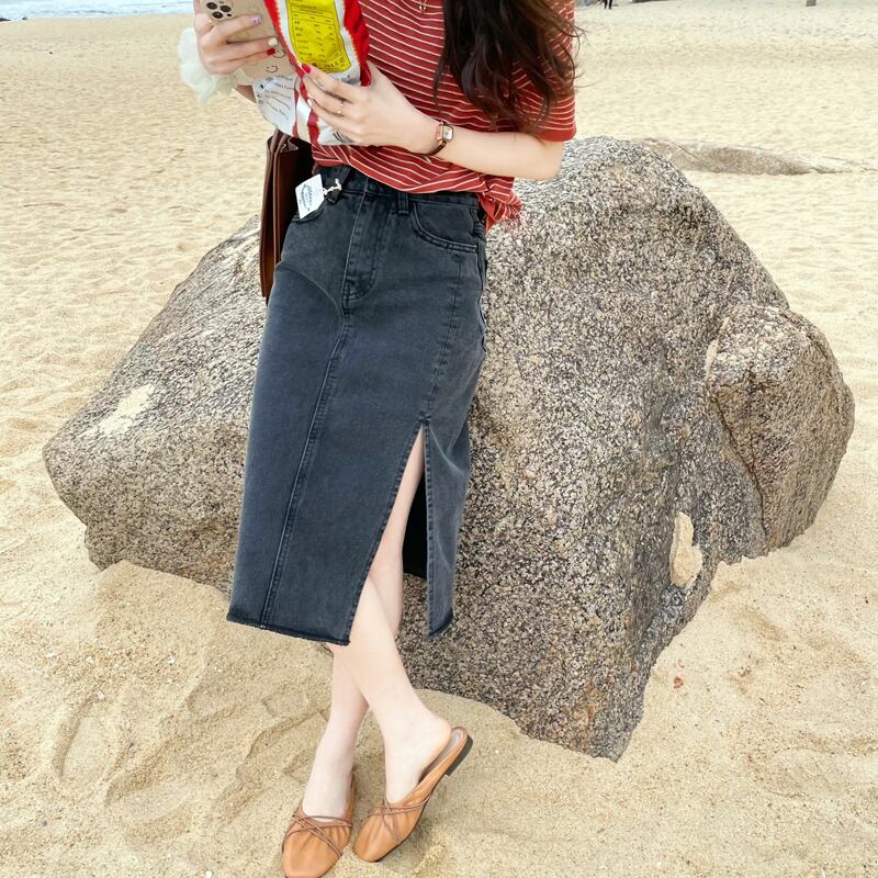 スタンダードハイウェストスカート スリットAラインスプリング レトロ 春物 ビッグFスモールZ韓国35127374560