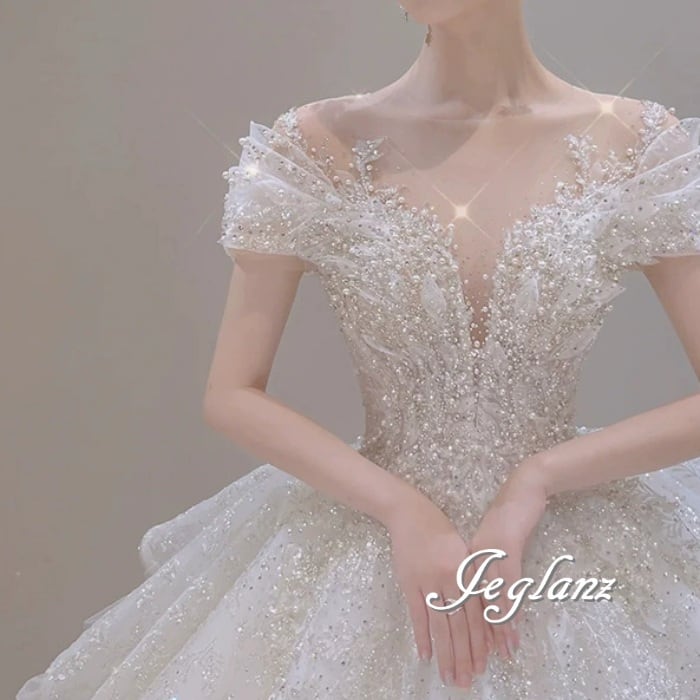 優雅 ウエディングドレス オフショル パール ビジュー 背中開き(MA954)ο