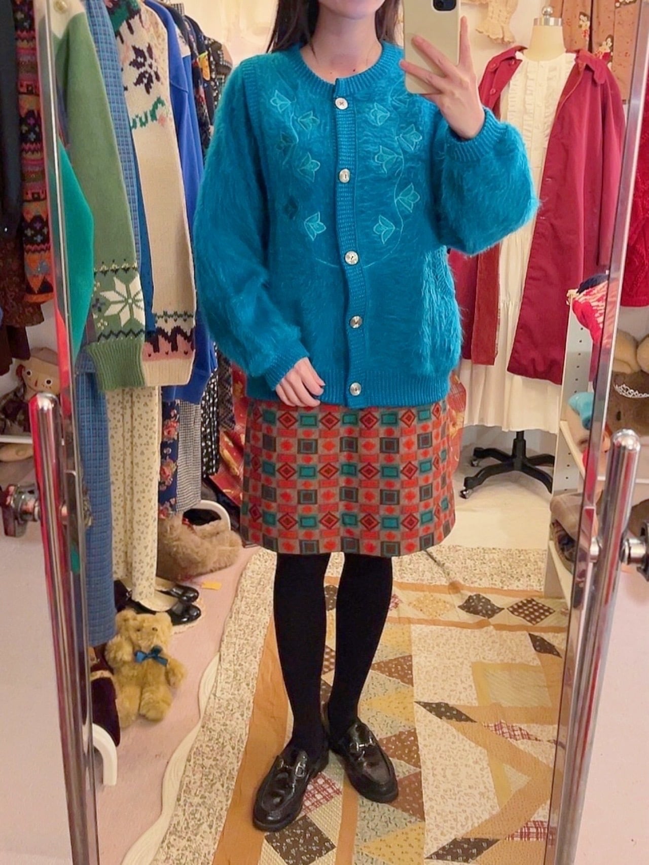 peacock green shaggy knit cardigan