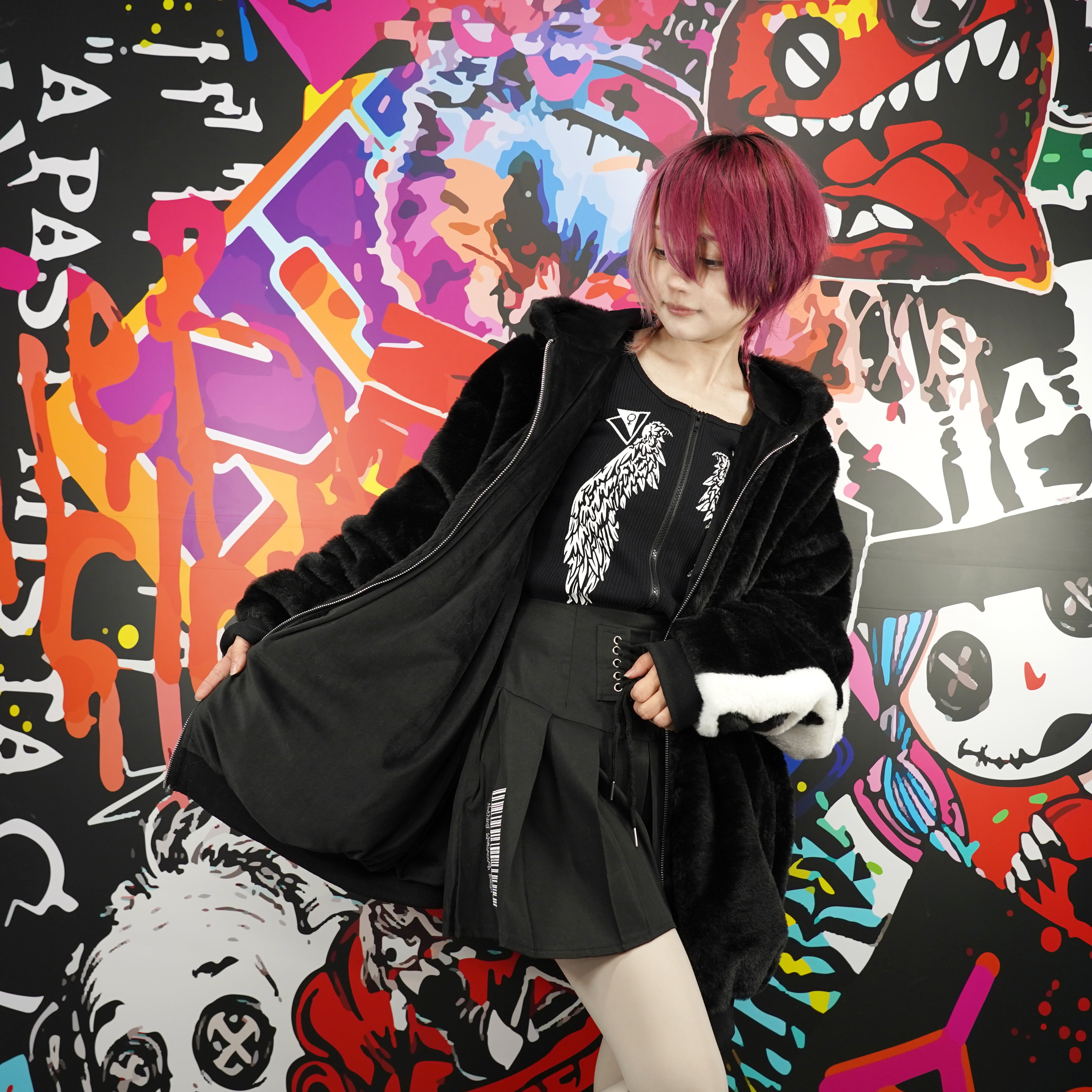 超ふわもこ2WAY SHOULDER BLACK×WHITE ZIP OUTER【内側防寒フリース