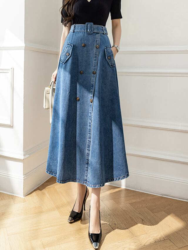 ワードスカート アンブレラスカート スカート ボトムス デニムスカート ミモレ ミモレ丈 ストレート Aライン ベルト ウエストマーク ハイウエスト 大人可愛い カジュアル 大人 おしゃれ お洒落 レトロ 大人女子 無地 夏 10代 20代 レディース 女性用 デート お出かけ 女子会 お泊まり 休日 イベント 普段使い 韓国 オルチャン ファッション コーデ サイズ S M L XL 青 ブルー