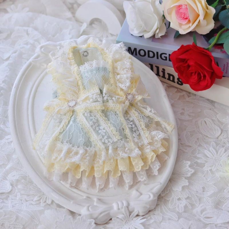 【海外ハンドメイド】リッチレースのイエロードレス 犬服 01127