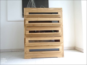 「 I 様 サイズオーダーチェスト 」チーク総無垢材 前面ガラス引出五杯N 食器棚 チェスト キャビネット 収納棚 シンプル 箪笥 手づくり ナチュラル 無垢 銘木家具