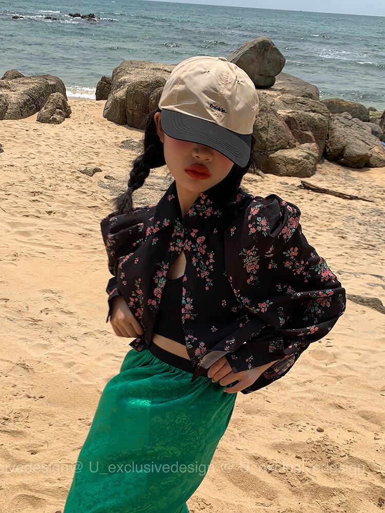 ショートシャツ サマールーズ薄手フローラルトップス ロング ピンク 夏物 花柄 ビッグFスモールZ韓国82858369989