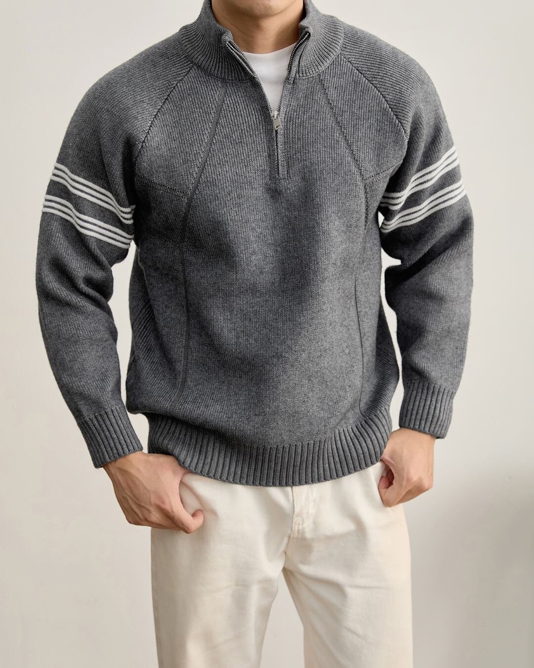 ハーフジップ ライン入りニット 3色 A0124