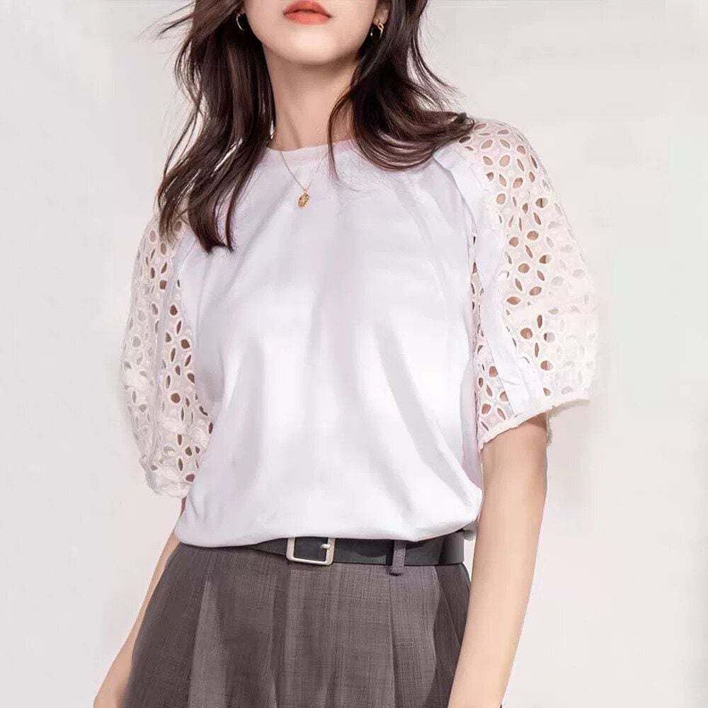 SOLID ROUND NECK LACE STITCH DESIGN T-SHIRT 3colors M-16141