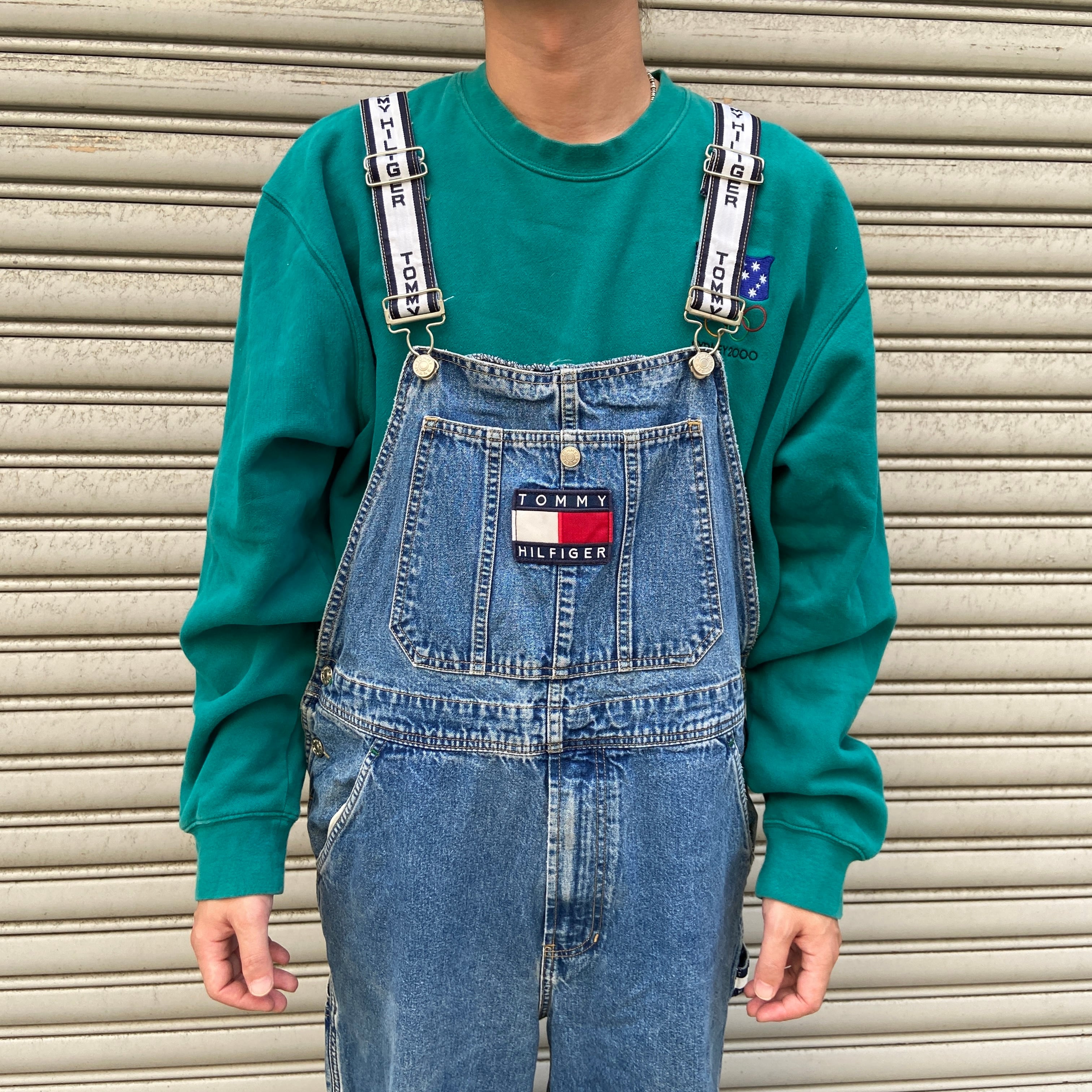 90s TOMMYJEANS トミーヒルフィガー デニムオーバーオール 中濃 M 