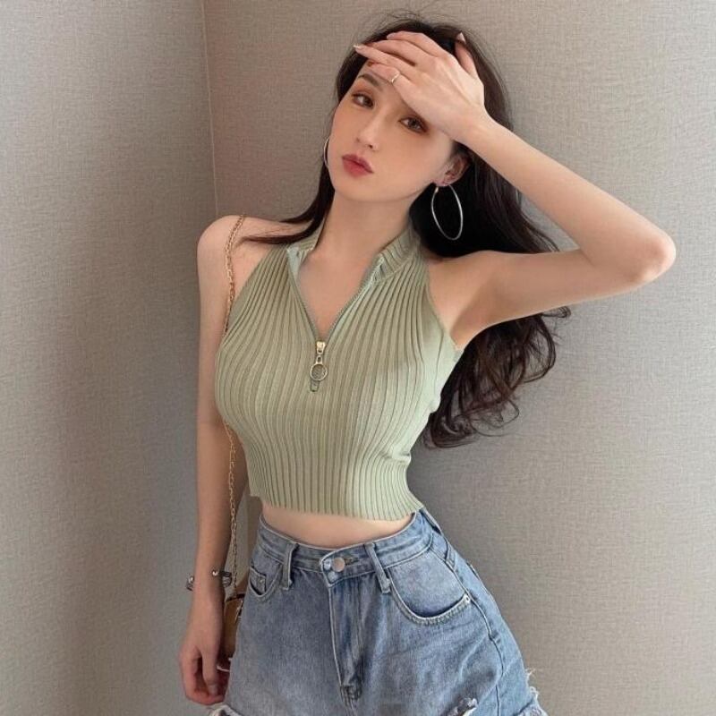 クロップドショートニットレディースサマージッパーノースリーブトップス 夏物 YY-ファッション38976649861