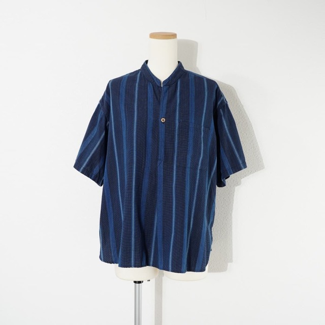 定価2万 OMNIGOD オムニゴッド INDIGO ORIENT SHIRTS UNISEX ユニセックス インディゴ オリエント シャツ ノーカラー プルオーバー 半袖 ストライプ コットン