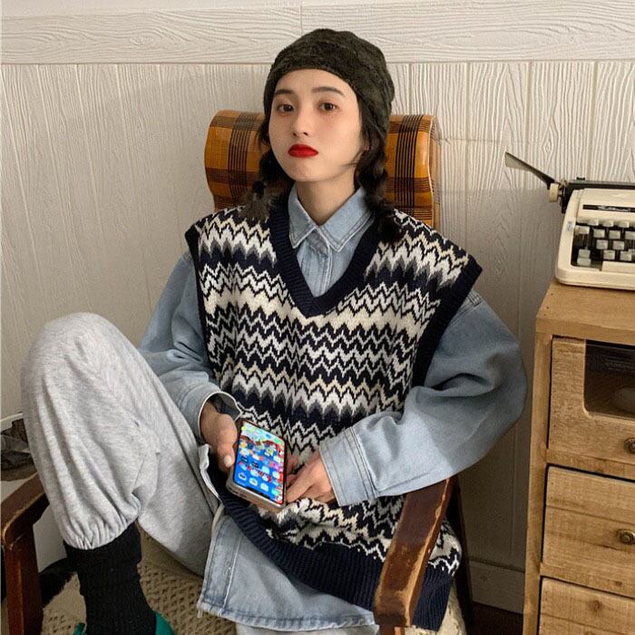 オータムカジュアルルーズシャツ ノースリーブニットウール 秋物 ケッペル53959897453