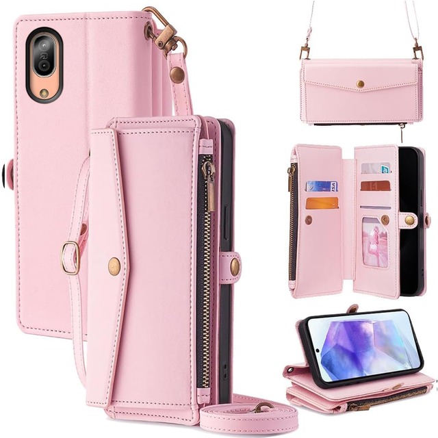 For AQUOS Sense3 ケース 財布型 For アクオス Sense3 lite/sense3 basic/For Android One S7 SH-M12/SHV45/SHV48/SH-02M 手帳型 ショルダー ストラップ長+短2本 COCOCLOUD ピンク