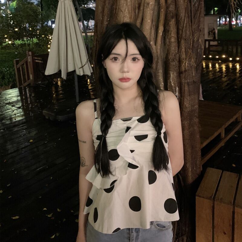 サマー水玉ノースリーブショートトップス 大人ガーリー スウィート キュート カジュアル 夏物 1号婦人57012810036