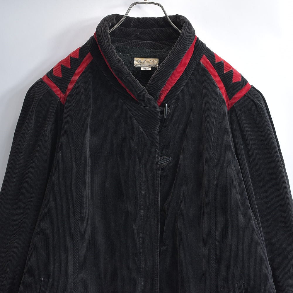 70~80s DEW-EAST デューイースト ツートーン 切替デザイン コーデュロイ ボアライニング ジャケット パワーショルダー 幾何学柄 ボリュームスリーブ ブラック レッド ヴィンテージ ビンテージ USA アメリカ古着 レディースL相当