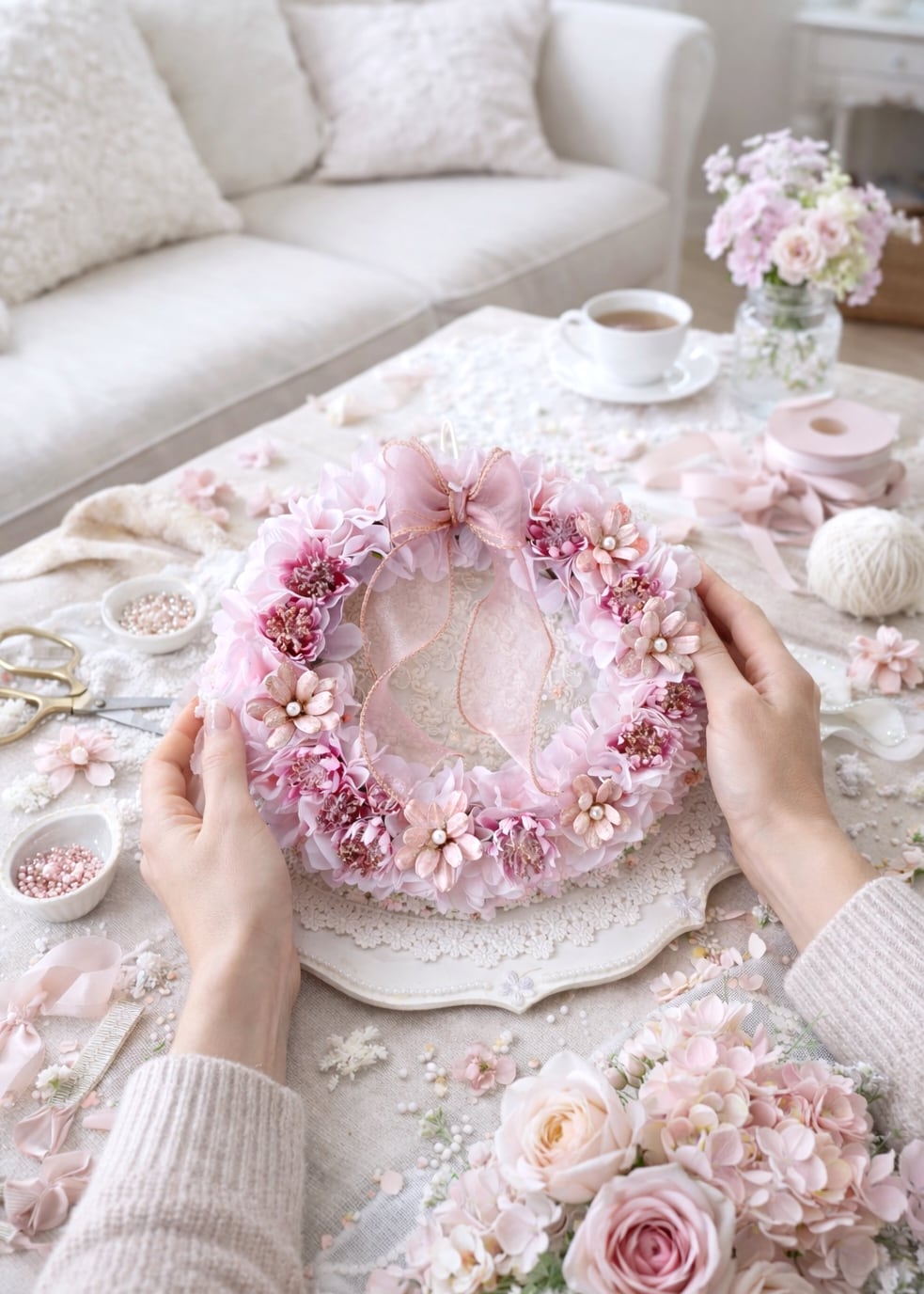 やさしいナチュラルリース 【WR-008】径20㎝│オーガンジーリボン付き│ギフトBOX入り|贈り物に│ナチュラルインテリア