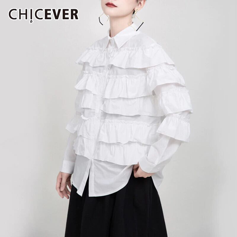 CHICEVERパッチワークフリルプリーツレディースブラウスラペルカラー長袖オーバーサイズシャツ2020服 ロング 6base52993906997