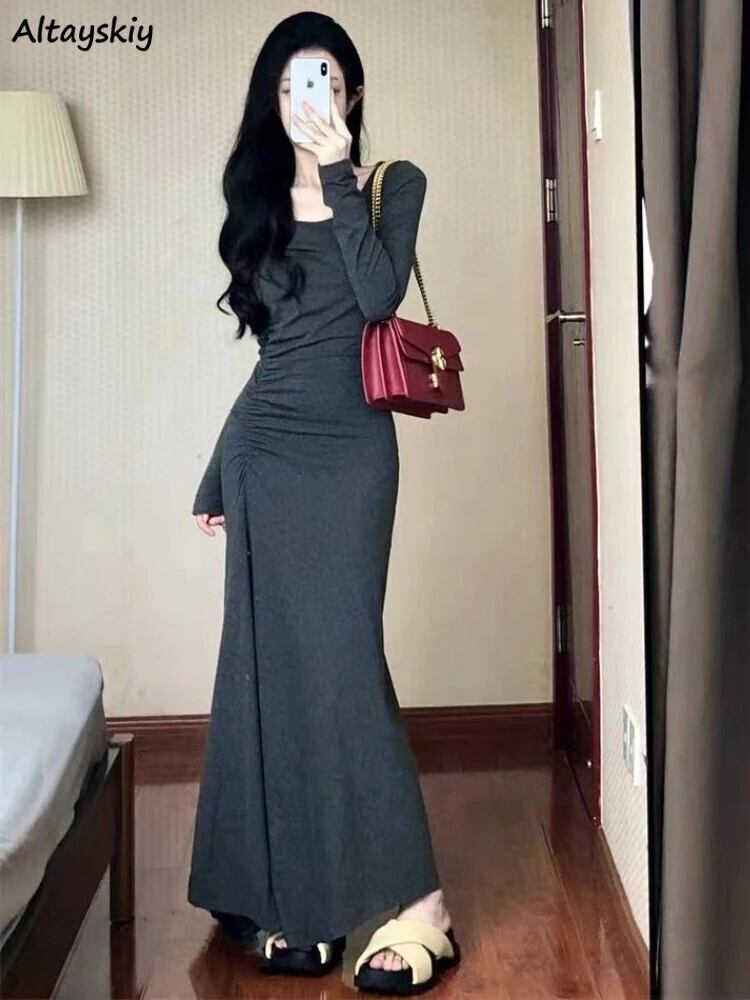 【新作】【送料無料】 グレー長袖ドレス女性のためのシンプルなひだデザインヴィンテージセクシーな Vestidos スリム秋の新インナーマキシオルエレガント Mujer 0320660582846