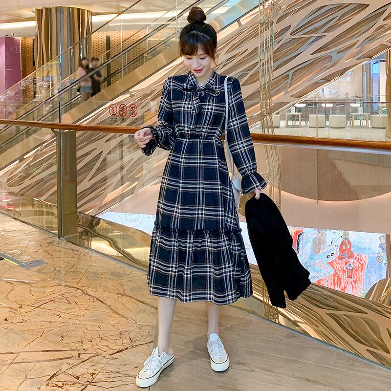 【新作】【送料無料】 マタニティウェア2020春と秋新しいプラスサイズ妊娠中のツーピースファッション格子縞の蝶ネクタイドレス+ベスト-アリババ リボン 大きめサイズ スプリング 春物 オータム 秋物 expec296211809470