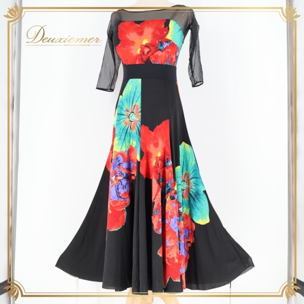 社交ダンス 衣装 ジャンティ gentil ワンピース ドレス ブラック系 レッド系 グリーン系 黒 赤 緑 伸縮 ストレッチ ダンス パーティ 発表会 花柄 おしゃれ 女性用 エレガント フラワープリント 薄手 スタイリッシュ 競技 マルチカラー