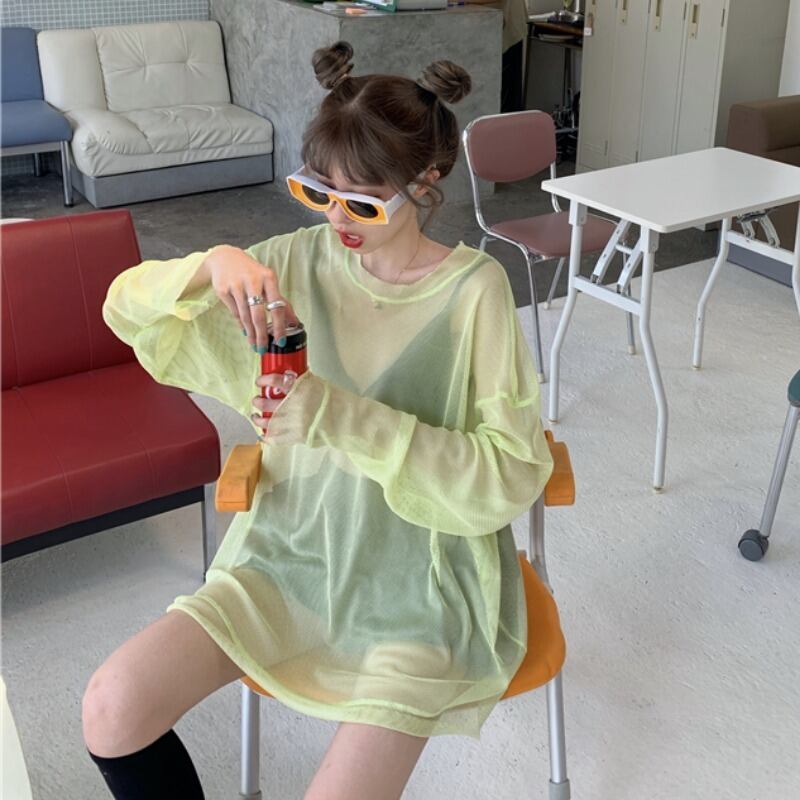 メッシュパースペクティブ薄手の長袖日焼け止めTシャツ女性の2020年夏の新しいルーズホワイト長袖上着トレンド 1号婦人80393889847