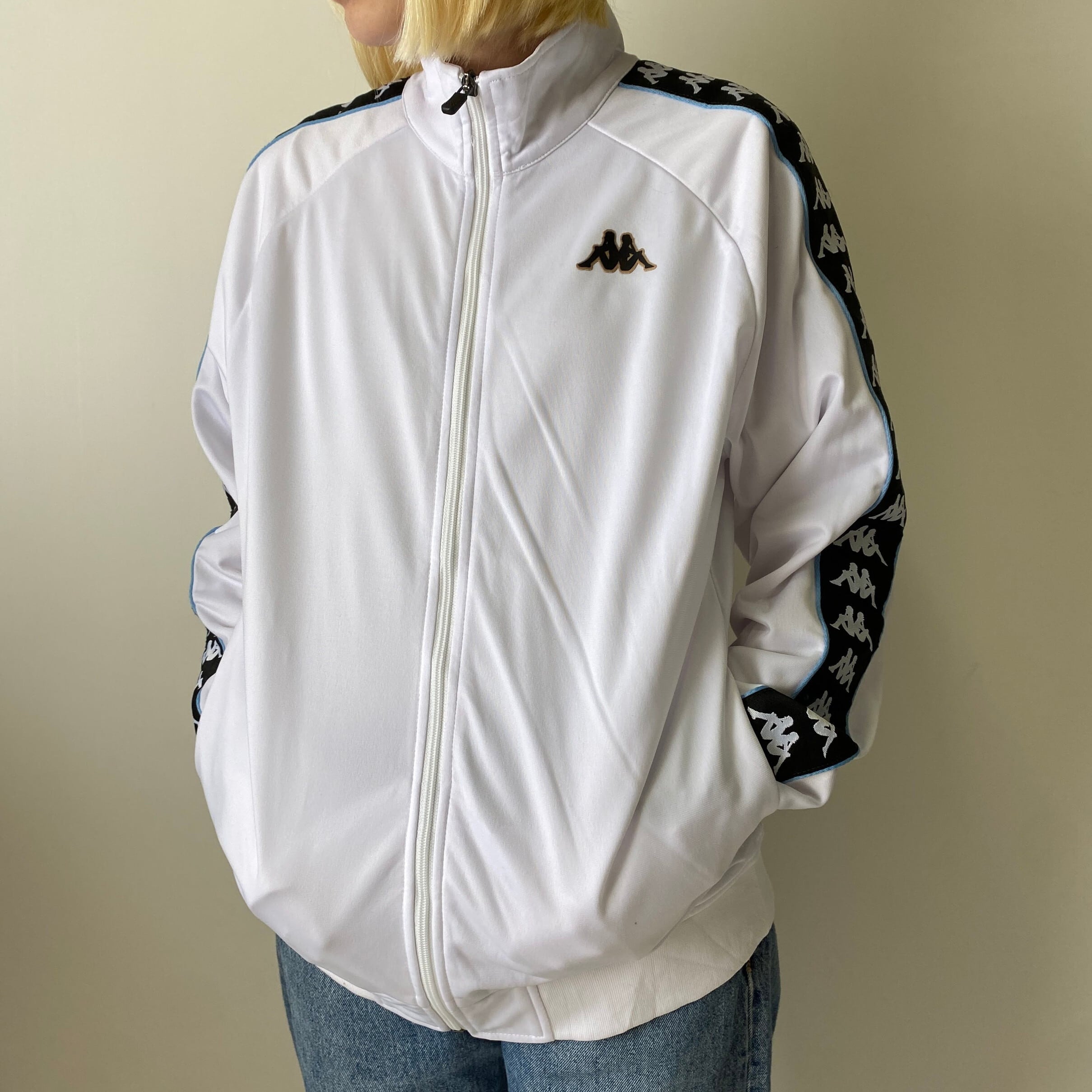 KAPPA カッパ ワンポイントロゴプリントトラックジャケット ジャージ メンズL相当 古着 ホワイト 白 袖ライン【ジャージ・トラック ...