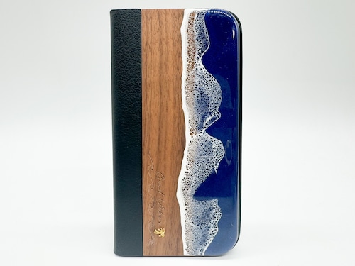 Sea/wood×resin navy blue wave 手帳型case(walnut)