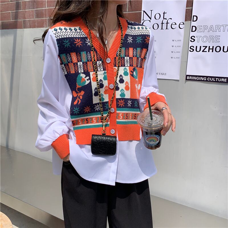 XJXJシリーズ】☆シャツ☆ 2color 青orオレンジ トップス 配色 XJXJシリーズ】☆シャツ☆ 2color 青orオレンジ トップス 配色