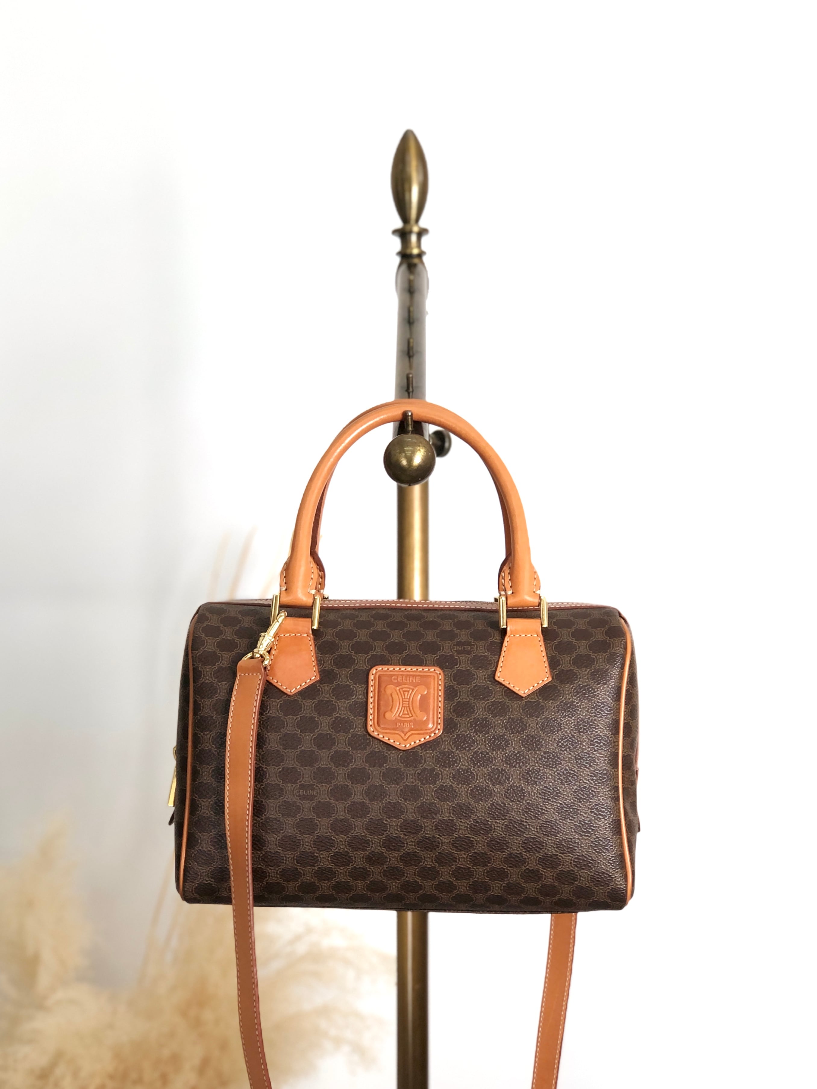 CELINE セリーヌ マカダム ショルダーバッグ ブラウン ブラゾン型押し PVC レザー 2way ボストンバッグ vintage ヴィンテージ オールド haxmcm