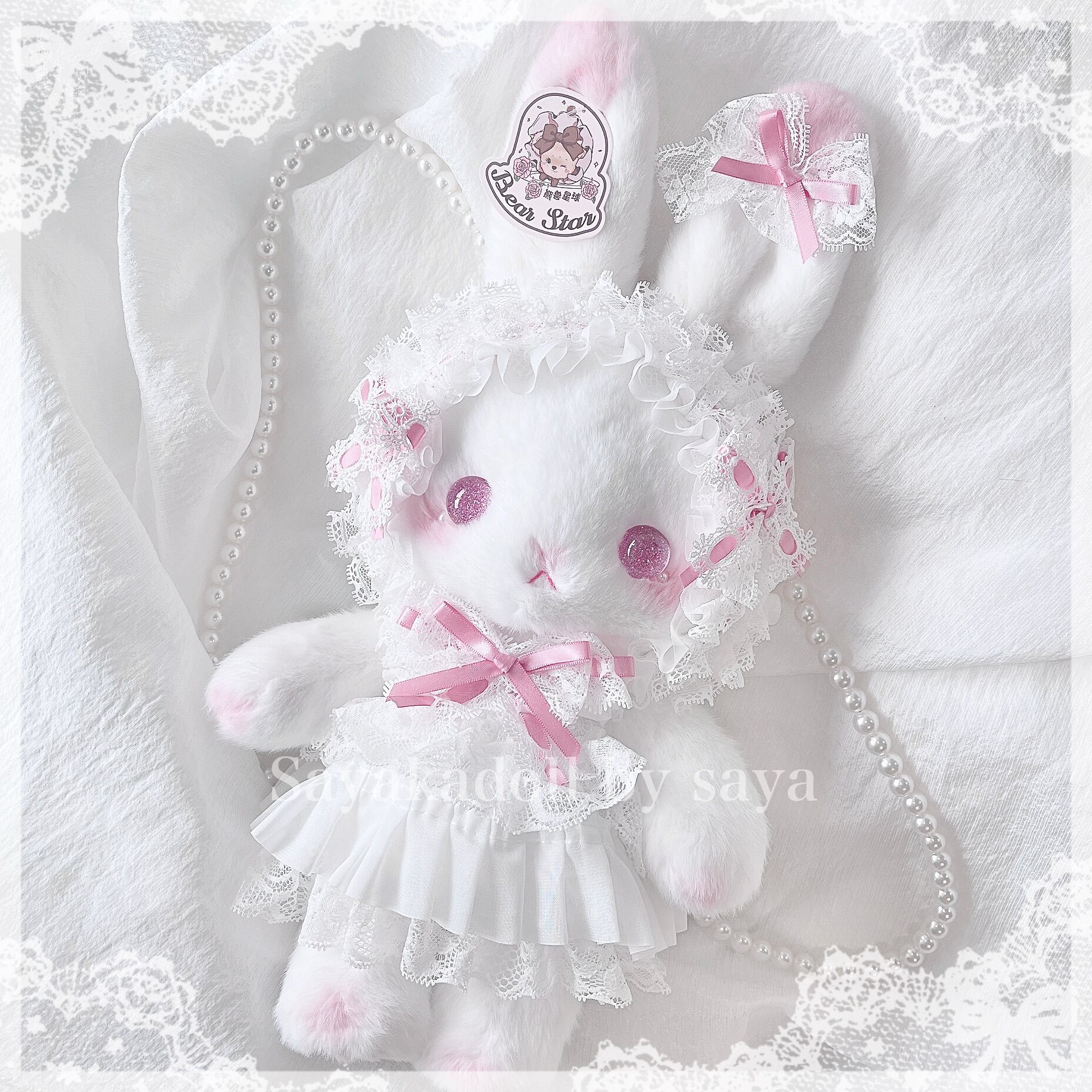 み*や様 mich coquette　うさぎキルトバッグ　白 ♡ Princess たちみみうさぎ ぬいぐるみポシェット light blue