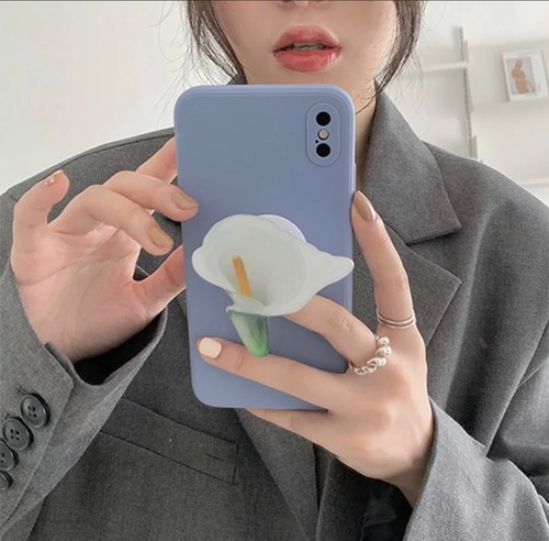 送料無料【予約商品】　(0134）フラワー　グリップトック　 韓国っぽ　　 iPhoneケース　スマホケース ブルー
