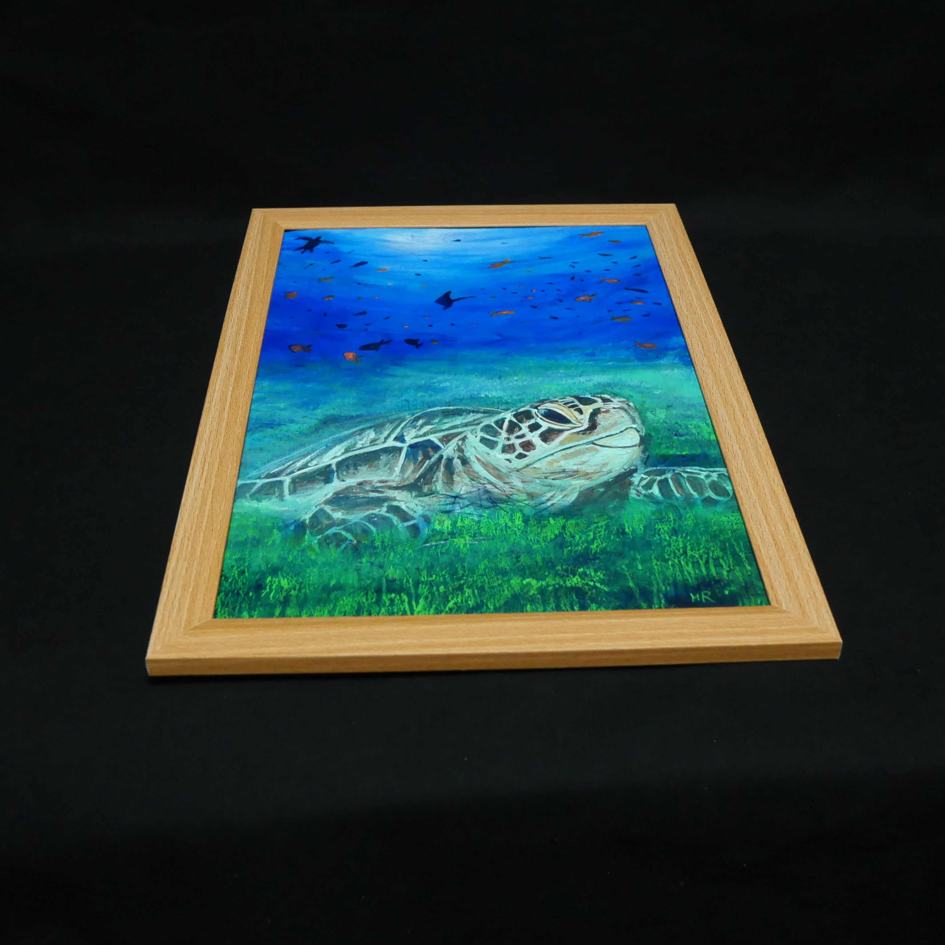 油絵 原画『光射す深海へ〜癒やしのウミガメ〜』額縁付き 絵画 海
