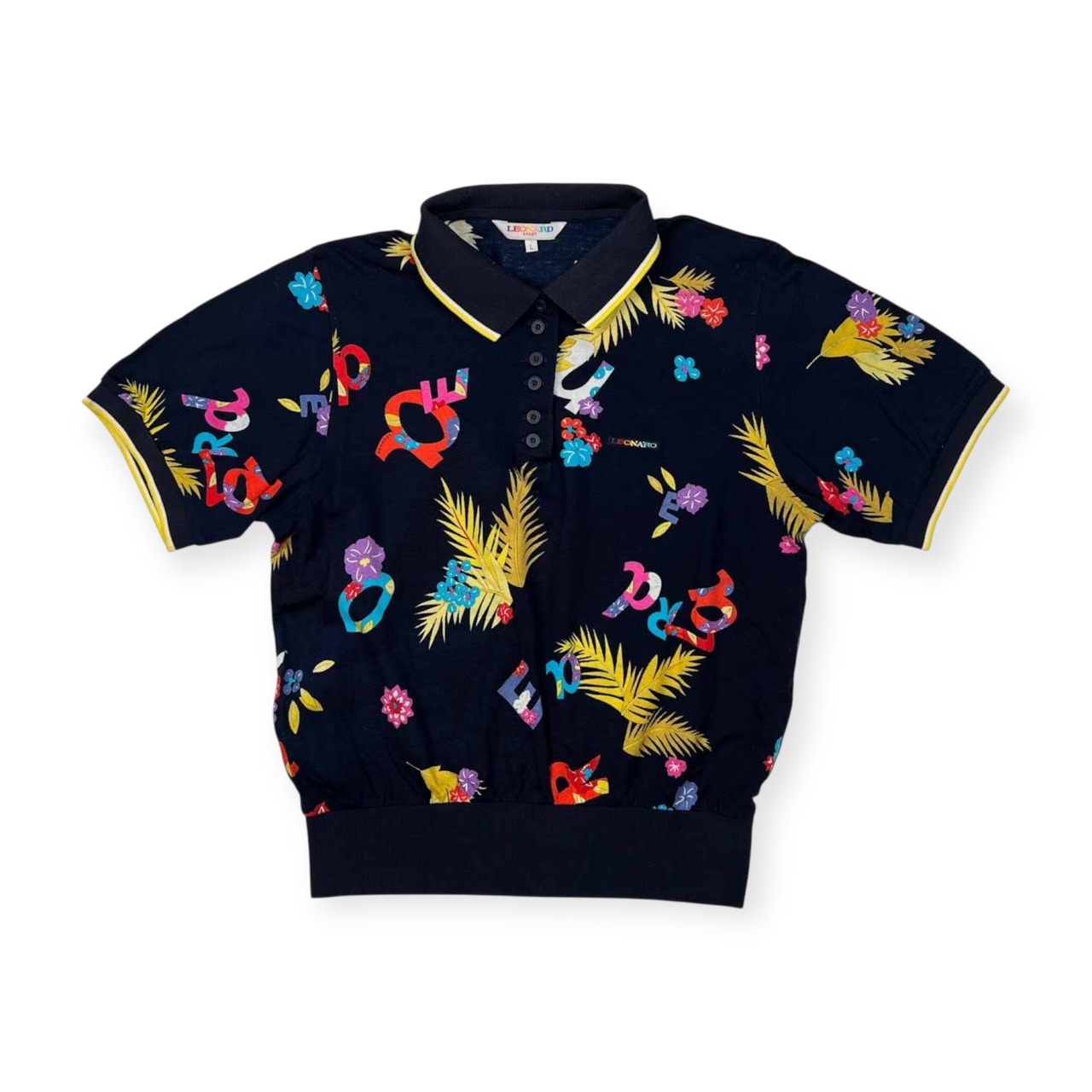LEONARD レオナール 総柄 半袖 ポロシャツ サイズ L /ネイビー/鹿の子コットン/レディース/D-HG-2
