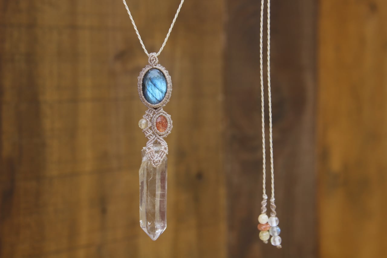 Himalayan crystal & Labradorite & Sunstone micro macrame pendant