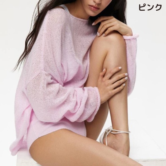 <8カラー>トップス シアー ルーズシルエット ゆったり ボートネック ニット シンプル カジュアル リラクシー